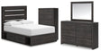 Hollivern Full Panel Bed with Storage with Mirrored Dresser and Chest in Dark Gray by Ashley at Eve Furniture