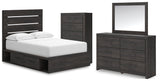 Hollivern Full Panel Bed with Storage with Mirrored Dresser and Chest in Dark Gray by Ashley at Eve Furniture