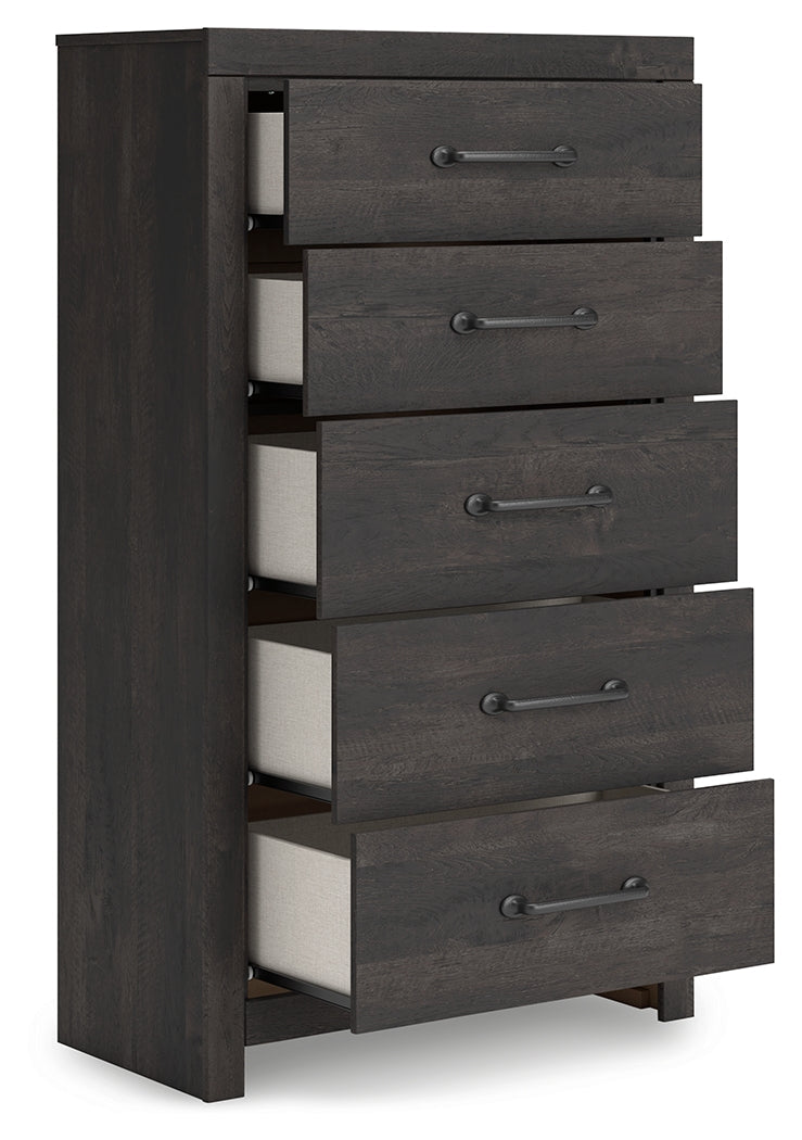 Hollivern Full Panel Bed with Storage with Mirrored Dresser, Chest and 2 Nightstands in Dark Gray by Ashley at Eve Furniture