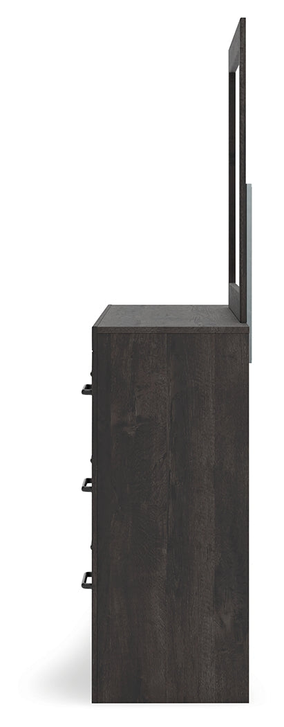 Hollivern Full Panel Bed with Storage with Mirrored Dresser, Chest and 2 Nightstands in Dark Gray by Ashley at Eve Furniture