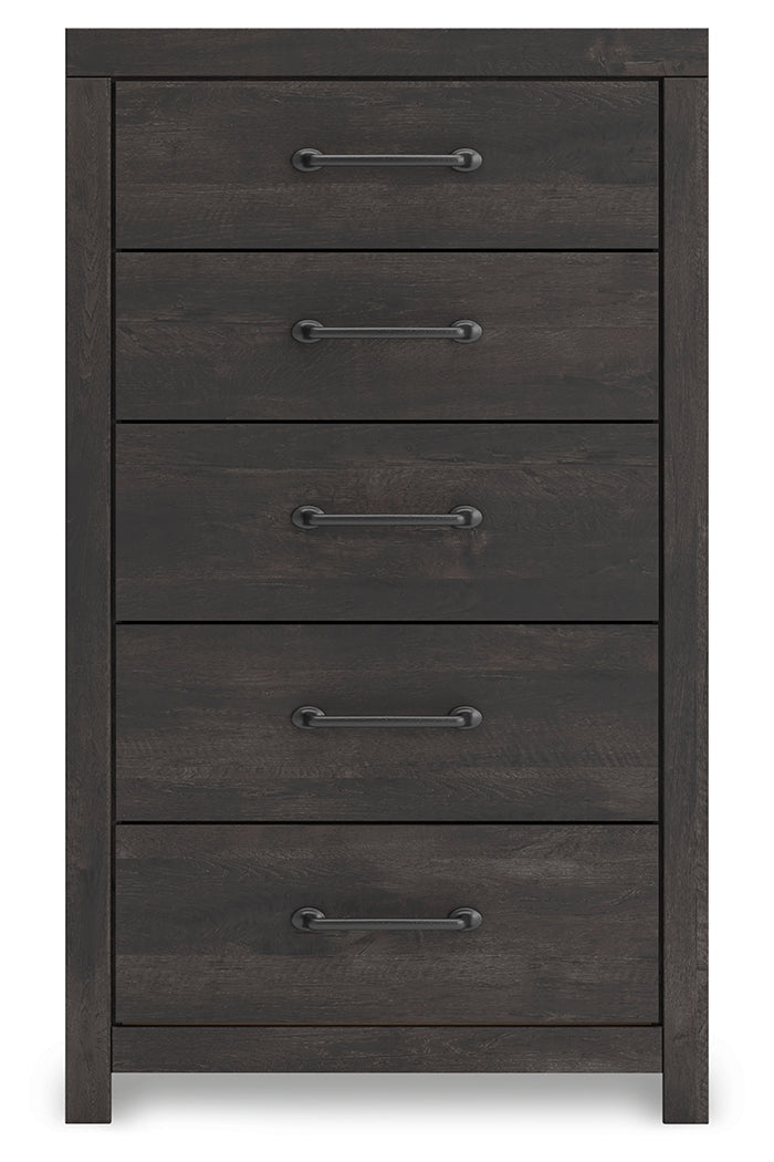 Hollivern Full Panel Bed with Storage with Mirrored Dresser, Chest and 2 Nightstands in Dark Gray by Ashley at Eve Furniture