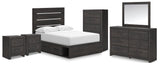 Hollivern Full Panel Bed with Storage with Mirrored Dresser, Chest and 2 Nightstands in Dark Gray by Ashley at Eve Furniture