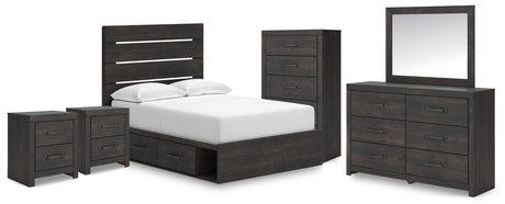 Hollivern Full Panel Bed with Storage with Mirrored Dresser, Chest and 2 Nightstands in Dark Gray by Ashley at Eve Furniture