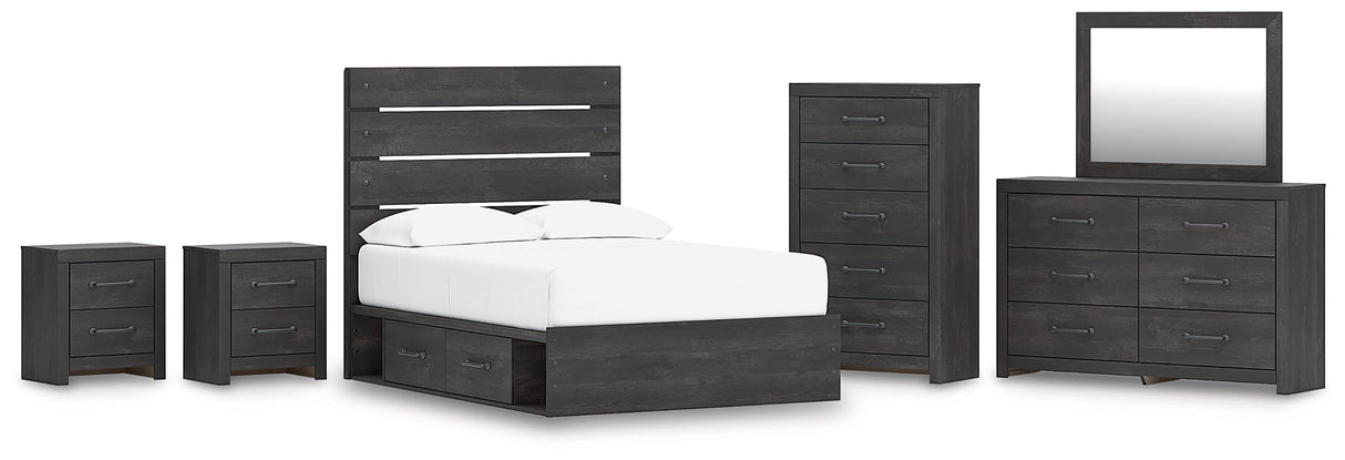 Hollivern Full Panel Bed with Storage with Mirrored Dresser, Chest and 2 Nightstands in Dark Gray by Ashley at Eve Furniture