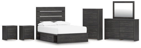 Hollivern Full Panel Bed with Storage with Mirrored Dresser, Chest and 2 Nightstands in Dark Gray by Ashley at Eve Furniture