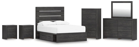 Hollivern Full Panel Bed with Storage with Mirrored Dresser, Chest and 2 Nightstands in Dark Gray by Ashley at Eve Furniture