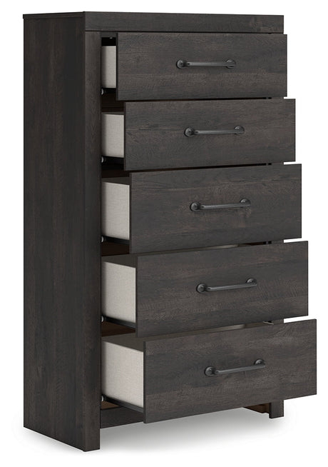 Hollivern Full Panel Bed with Storage with Mirrored Dresser, Chest and Nightstand in Dark Gray by Ashley at Eve Furniture