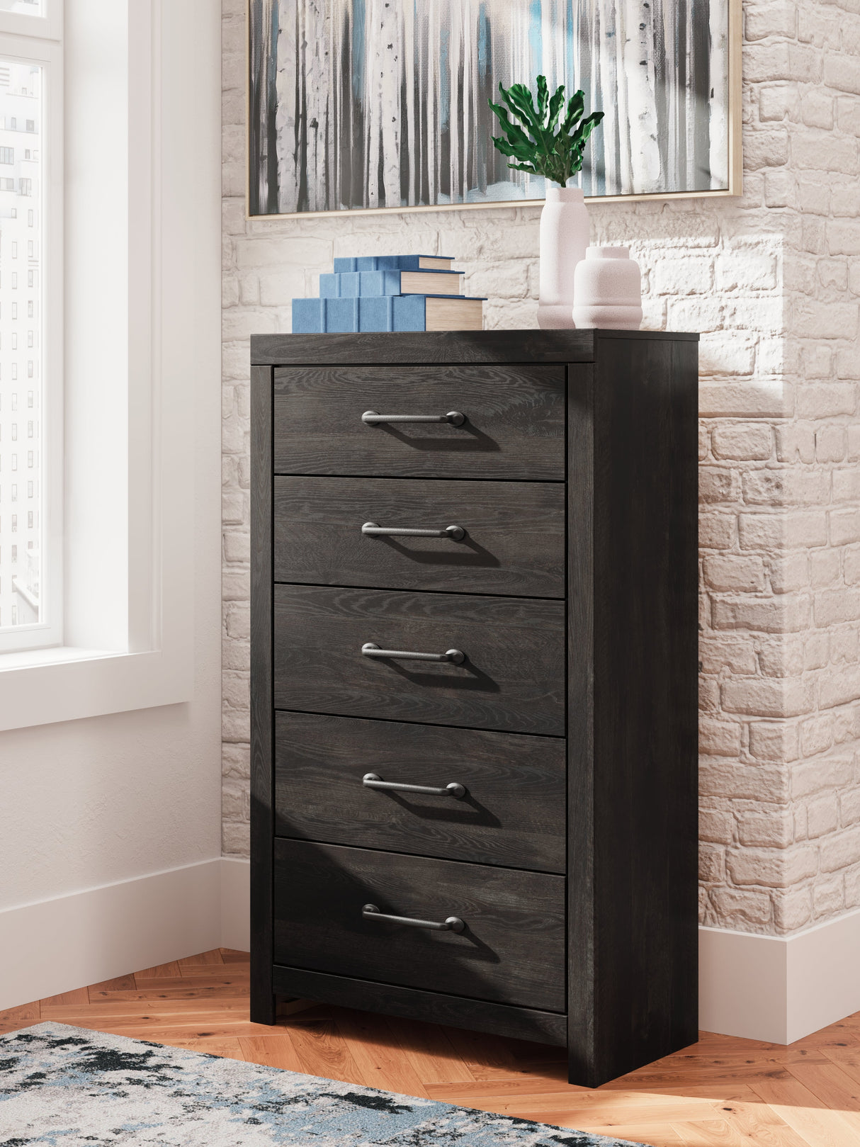 Hollivern Full Panel Bed with Storage with Mirrored Dresser, Chest and Nightstand in Dark Gray by Ashley at Eve Furniture