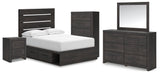 Hollivern Full Panel Bed with Storage with Mirrored Dresser, Chest and Nightstand in Dark Gray by Ashley at Eve Furniture
