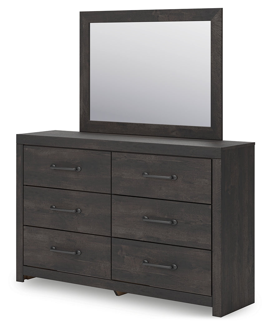 Hollivern Twin Panel Bed with Mirrored Dresser and Chest in Dark Gray by Ashley at Eve Furniture