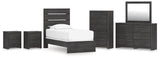 Hollivern Twin Panel Bed with Mirrored Dresser, Chest and 2 Nightstands in Dark Gray by Ashley at Eve Furniture