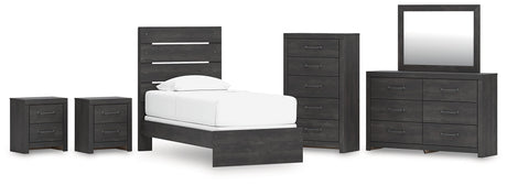 Hollivern Twin Panel Bed with Mirrored Dresser, Chest and 2 Nightstands in Dark Gray by Ashley at Eve Furniture