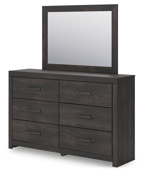 Hollivern Twin Panel Bed with Mirrored Dresser, Chest and Nightstand in Dark Gray by Ashley at Eve Furniture