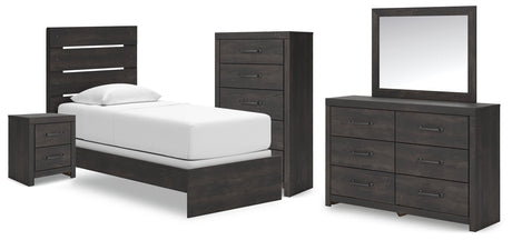 Hollivern Twin Panel Bed with Mirrored Dresser, Chest and Nightstand in Dark Gray by Ashley at Eve Furniture