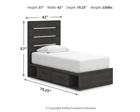 Hollivern Twin Panel Bed with Storage with Mirrored Dresser and Chest in Dark Gray by Ashley at Eve Furniture