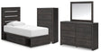 Hollivern Twin Panel Bed with Storage with Mirrored Dresser and Chest in Dark Gray by Ashley at Eve Furniture