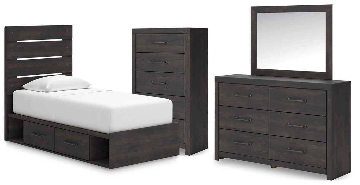 Hollivern Twin Panel Bed with Storage with Mirrored Dresser and Chest in Dark Gray by Ashley at Eve Furniture