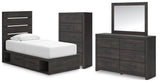Hollivern Twin Panel Bed with Storage with Mirrored Dresser and Chest in Dark Gray by Ashley at Eve Furniture