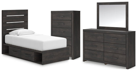 Hollivern Twin Panel Bed with Storage with Mirrored Dresser and Chest in Dark Gray by Ashley at Eve Furniture