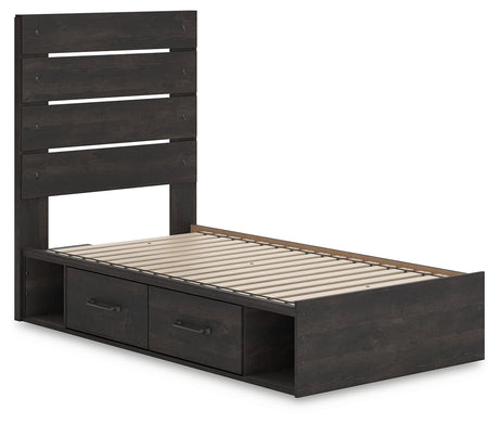 Hollivern Twin Panel Bed with Storage with Mirrored Dresser, Chest and 2 Nightstands in Dark Gray by Ashley at Eve Furniture