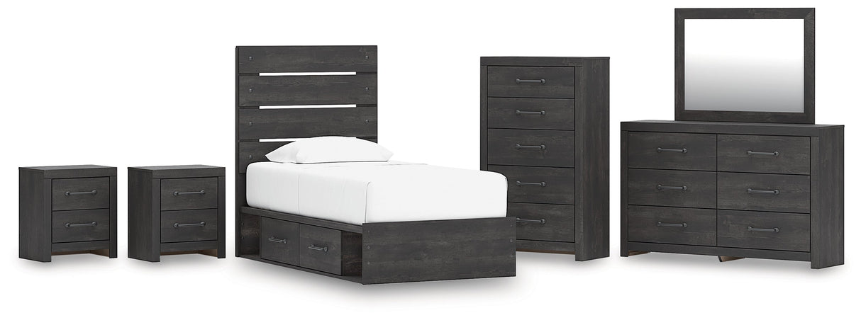 Hollivern Twin Panel Bed with Storage with Mirrored Dresser, Chest and 2 Nightstands in Dark Gray by Ashley at Eve Furniture