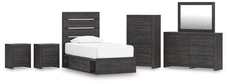 Hollivern Twin Panel Bed with Storage with Mirrored Dresser, Chest and 2 Nightstands in Dark Gray by Ashley at Eve Furniture