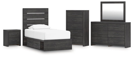 Hollivern Twin Panel Bed with Storage with Mirrored Dresser, Chest and Nightstand in Dark Gray by Ashley at Eve Furniture