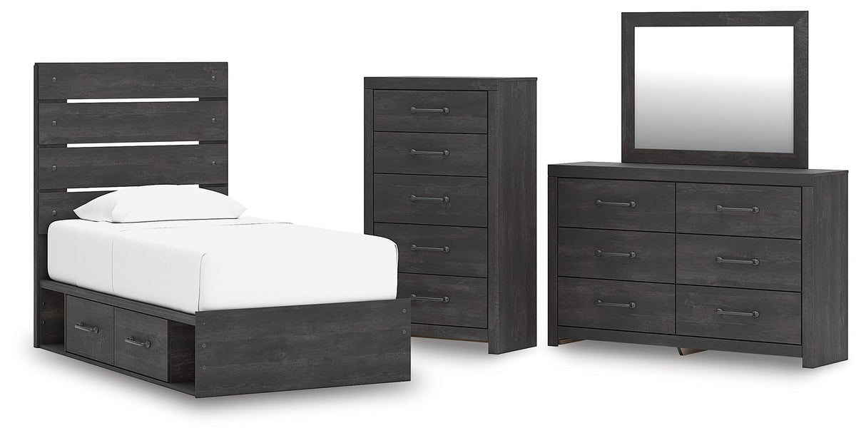 Hollivern Twin Panel Storage Bed with Mirrored Dresser and Chest in Dark Gray by Ashley at Eve Furniture