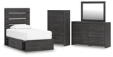 Hollivern Twin Panel Storage Bed with Mirrored Dresser and Chest in Dark Gray by Ashley at Eve Furniture