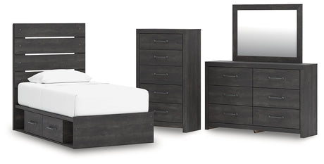 Hollivern Twin Panel Storage Bed with Mirrored Dresser and Chest in Dark Gray by Ashley at Eve Furniture