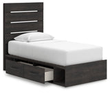 Hollivern Twin Panel Storage Bed with Mirrored Dresser, Chest and 2 Nightstands in Dark Gray by Ashley at Eve Furniture