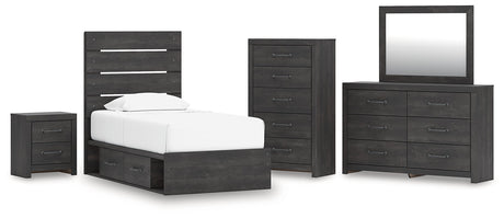 Hollivern Twin Panel Storage Bed with Mirrored Dresser, Chest and Nightstand in Dark Gray by Ashley at Eve Furniture