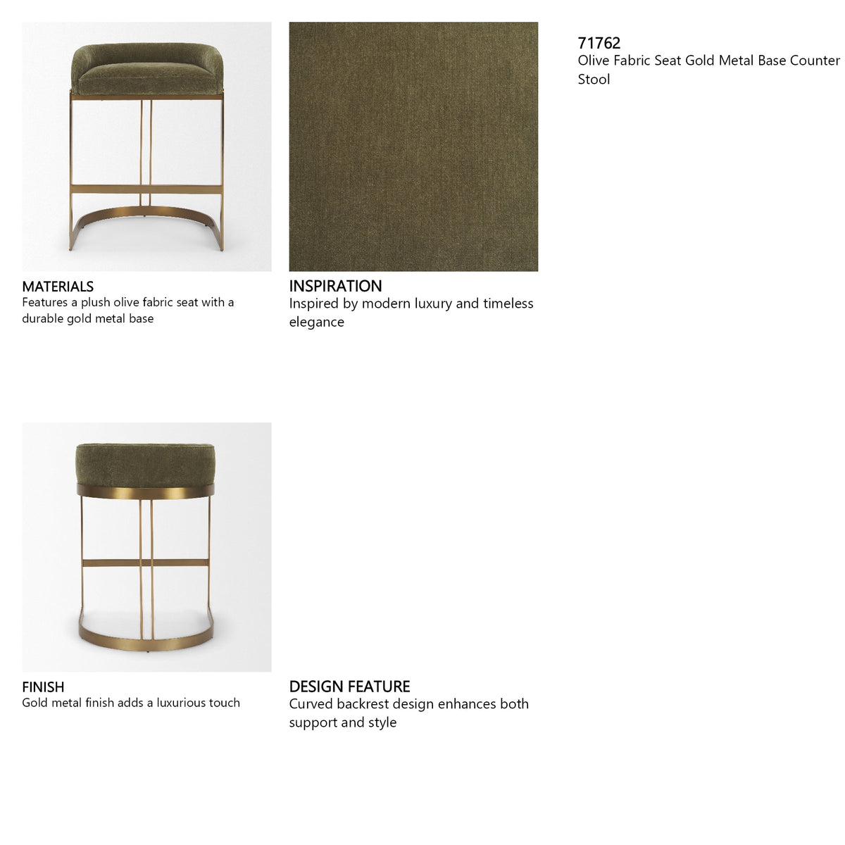 Hollyfield Backless 28.7in Seat Bar Stool | Olive Fabric w/ Gold Metal by Mercana at Eve Furniture