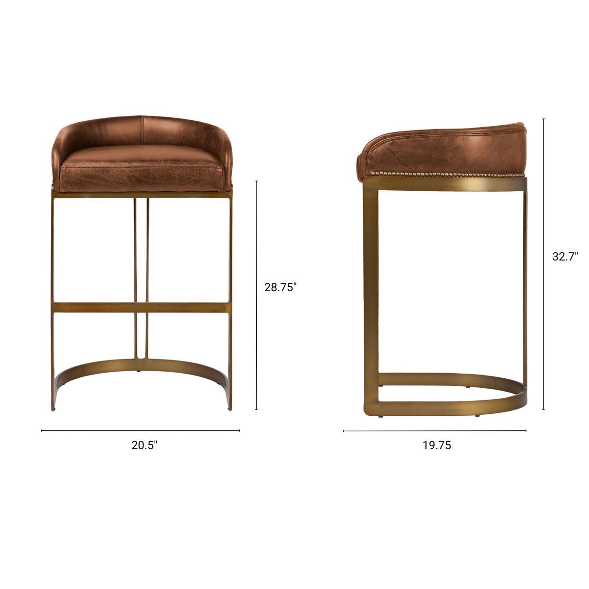 Hollyfield II Brown Leather Seat Gold Metal Base Bar Stool by Mercana at Eve Furniture