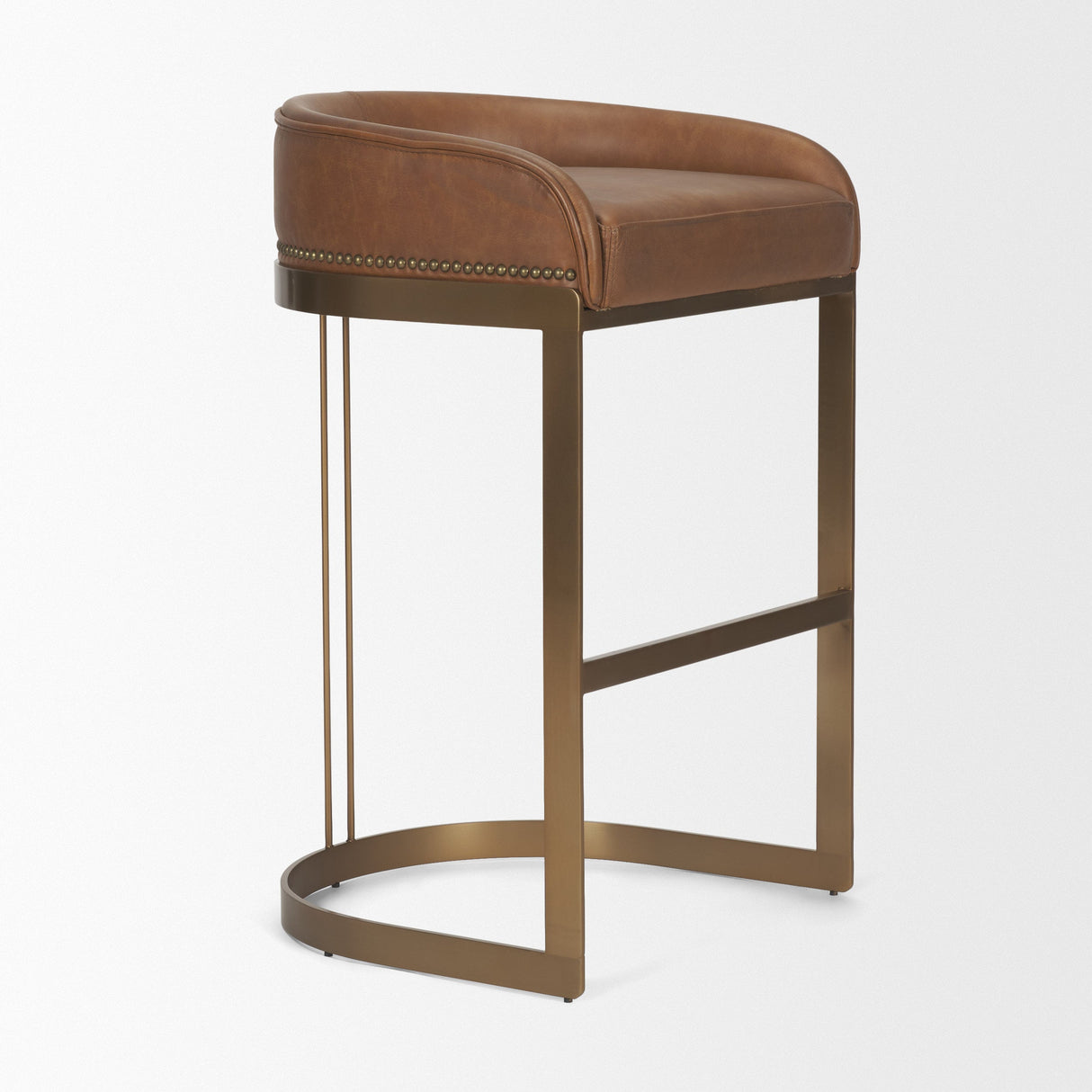 Hollyfield II Brown Leather Seat Gold Metal Base Bar Stool by Mercana at Eve Furniture