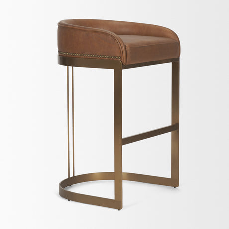 Hollyfield II Brown Leather Seat Gold Metal Base Bar Stool by Mercana at Eve Furniture
