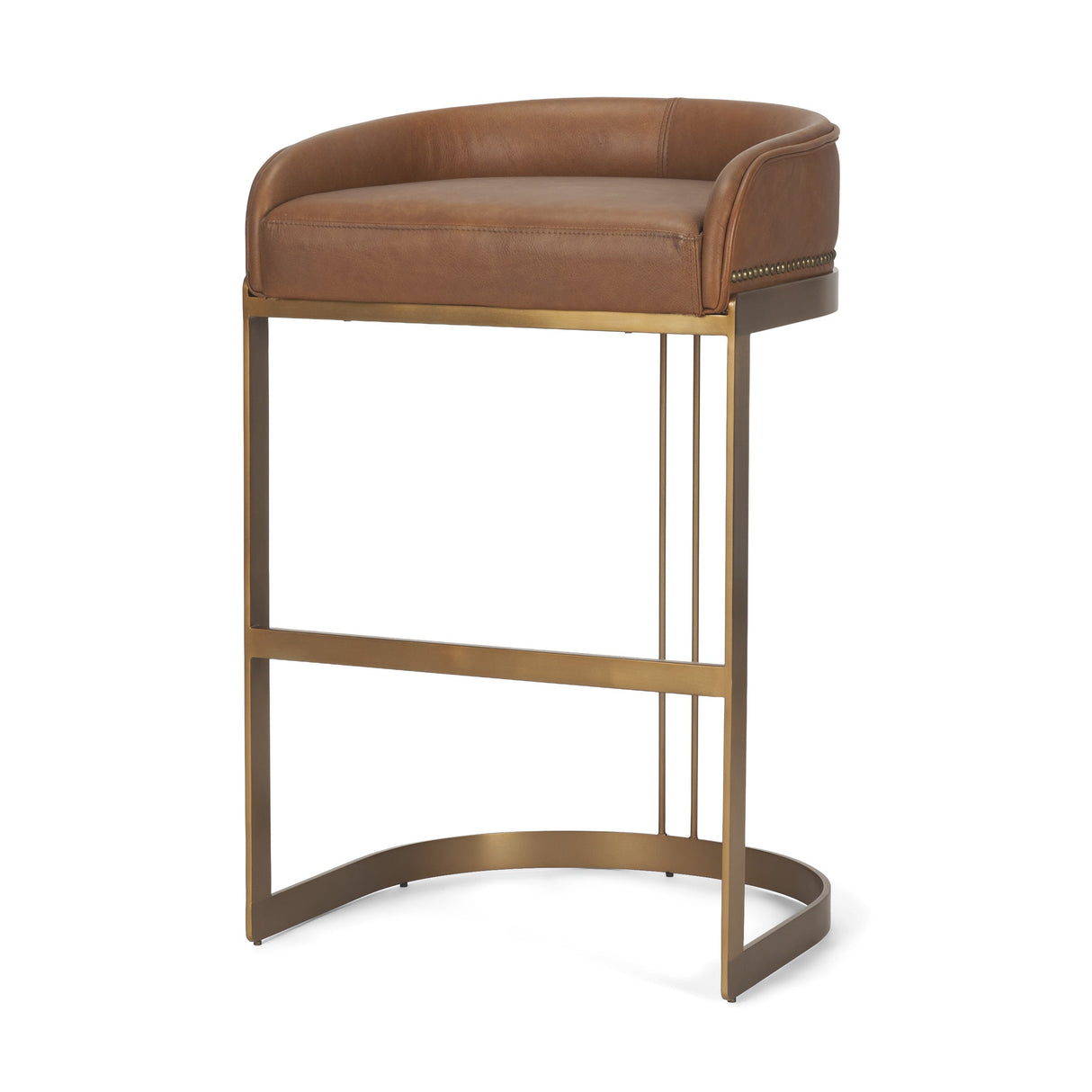Hollyfield II Brown Leather Seat Gold Metal Base Bar Stool by Mercana at Eve Furniture