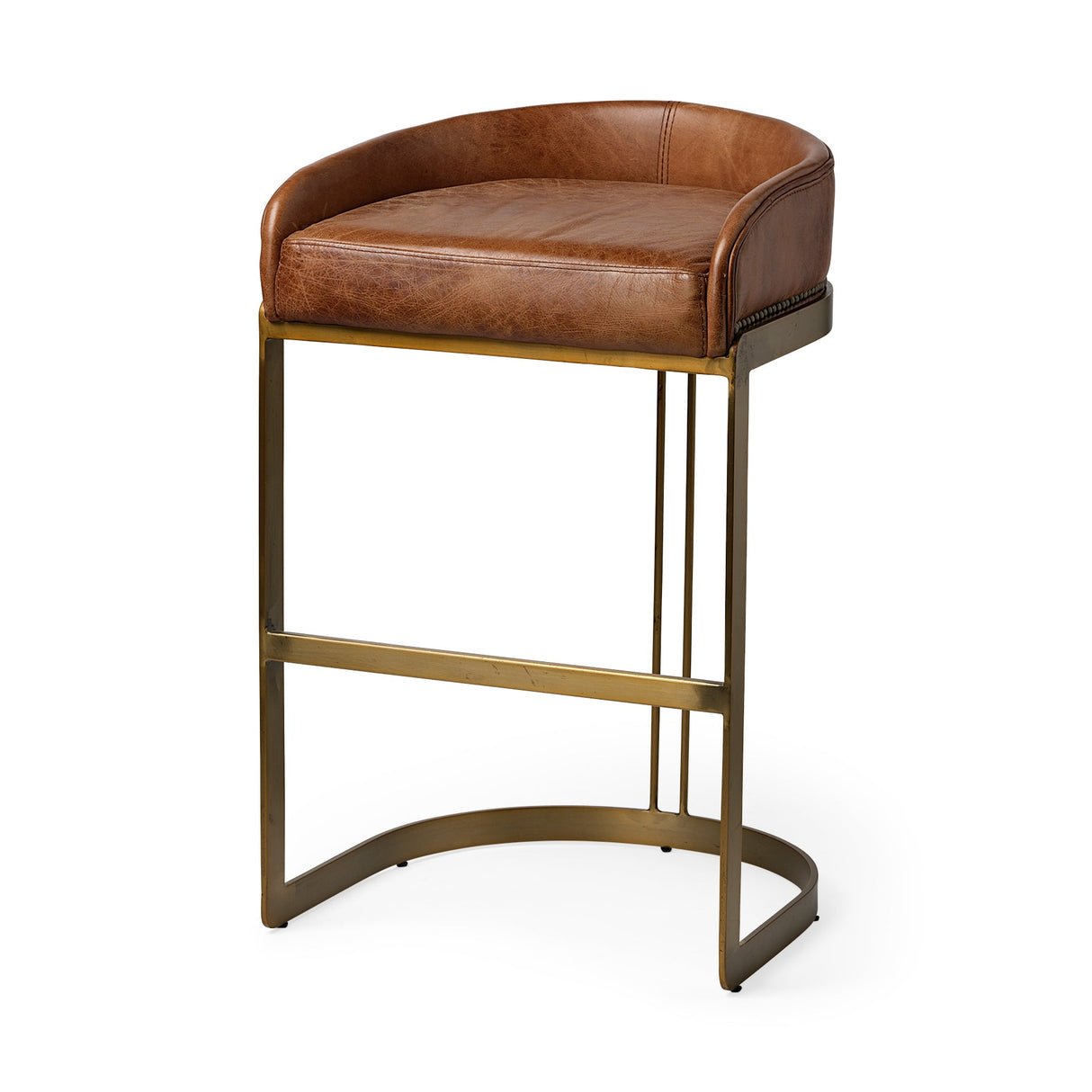 Hollyfield II Brown Leather Seat Gold Metal Base Bar Stool by Mercana at Eve Furniture