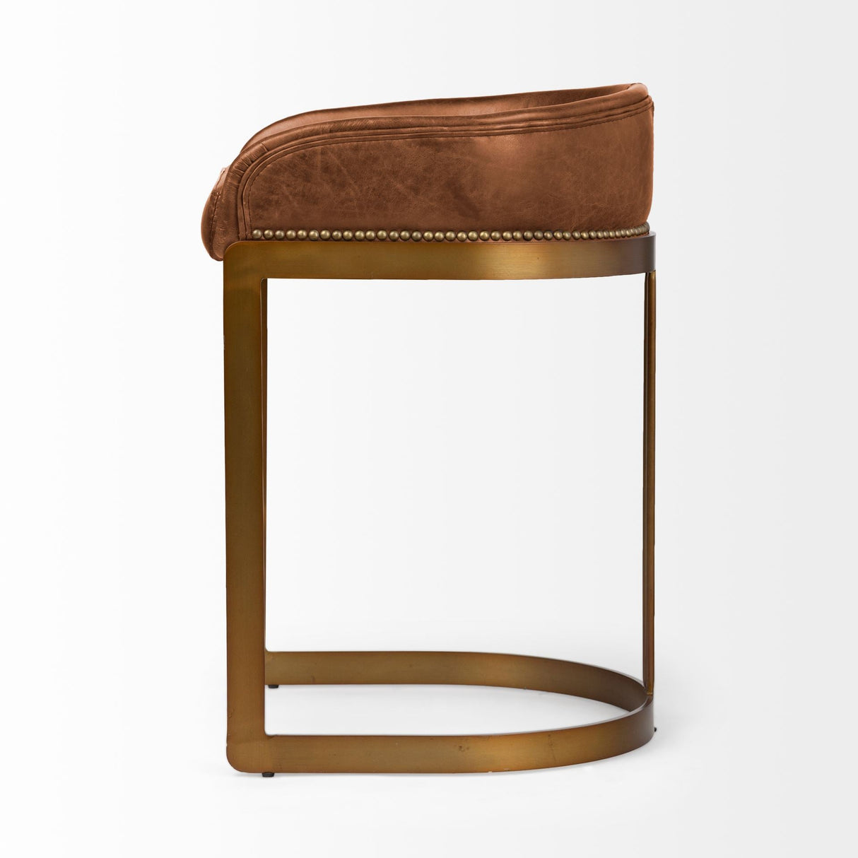 Hollyfield II Brown Leather Seat Gold Metal Base Stool by Mercana at Eve Furniture