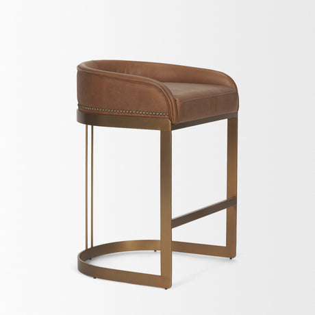 Hollyfield II Brown Leather Seat Gold Metal Base Stool by Mercana at Eve Furniture
