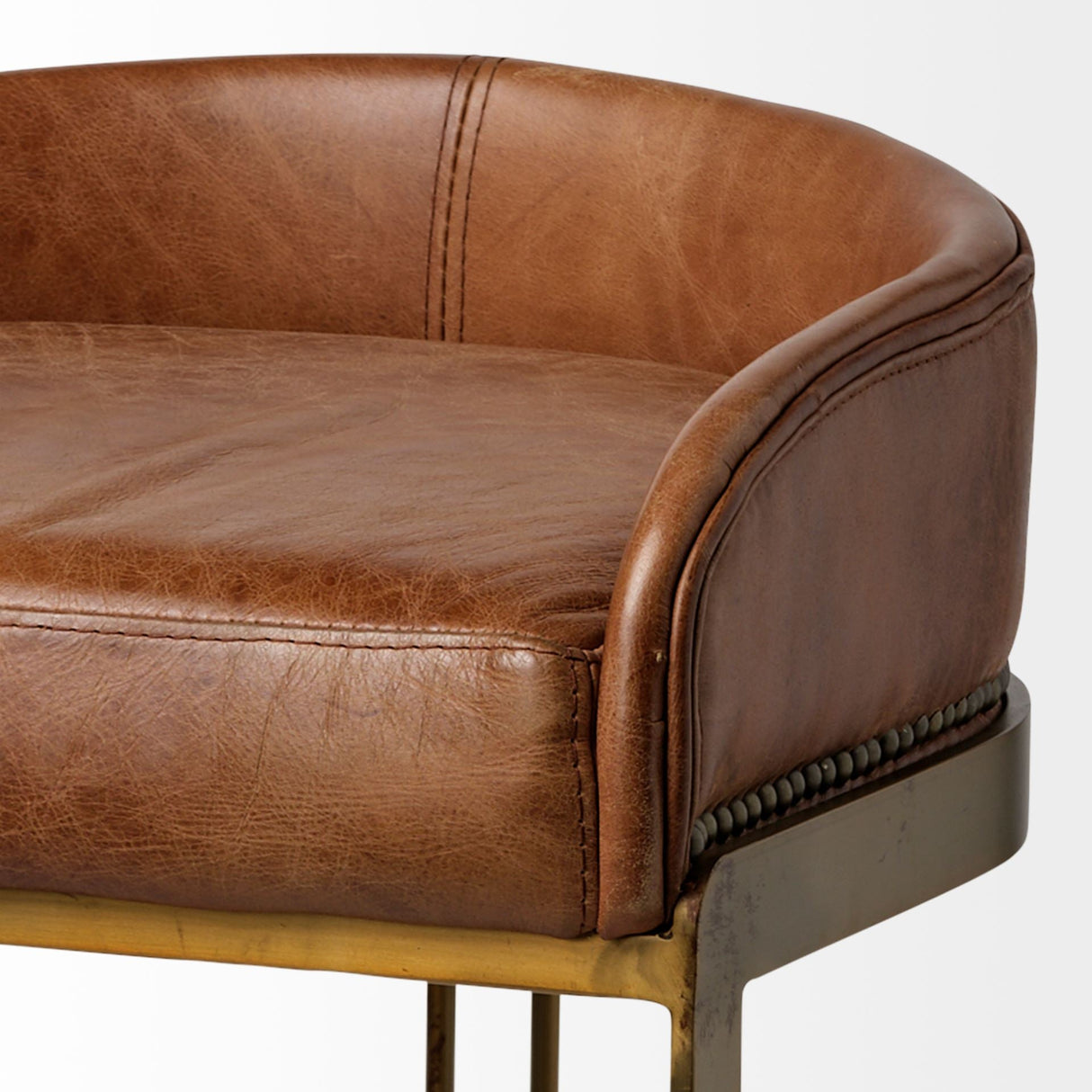 Hollyfield II Brown Leather Seat Gold Metal Base Stool by Mercana at Eve Furniture
