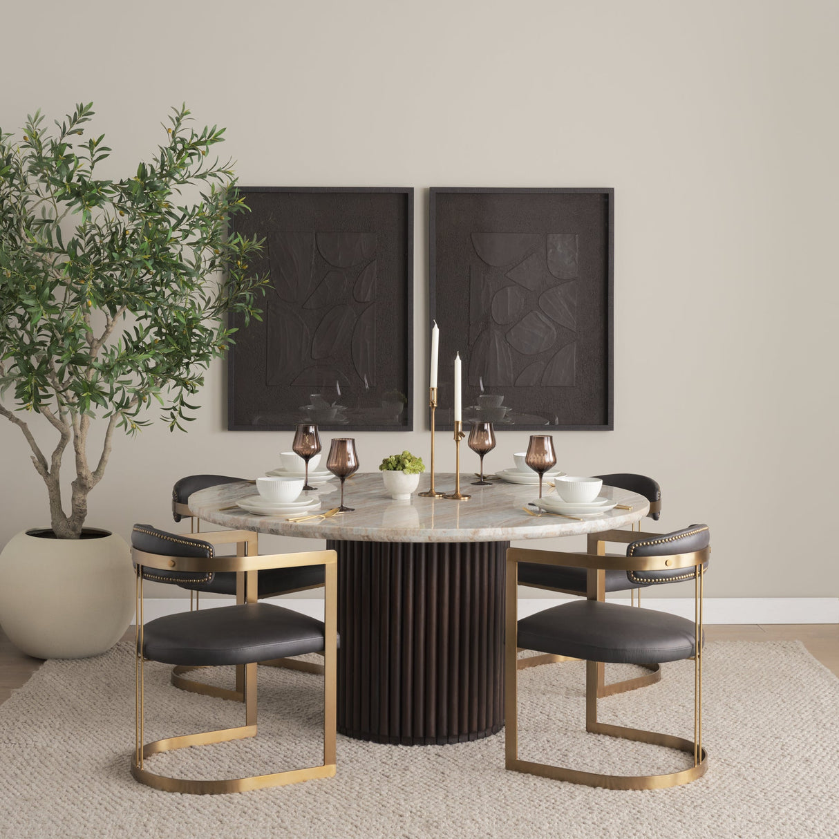 Hollyfield II Charcoal-Brown Leather Seat Gold Iron Frame Dining Chair by Mercana at Eve Furniture