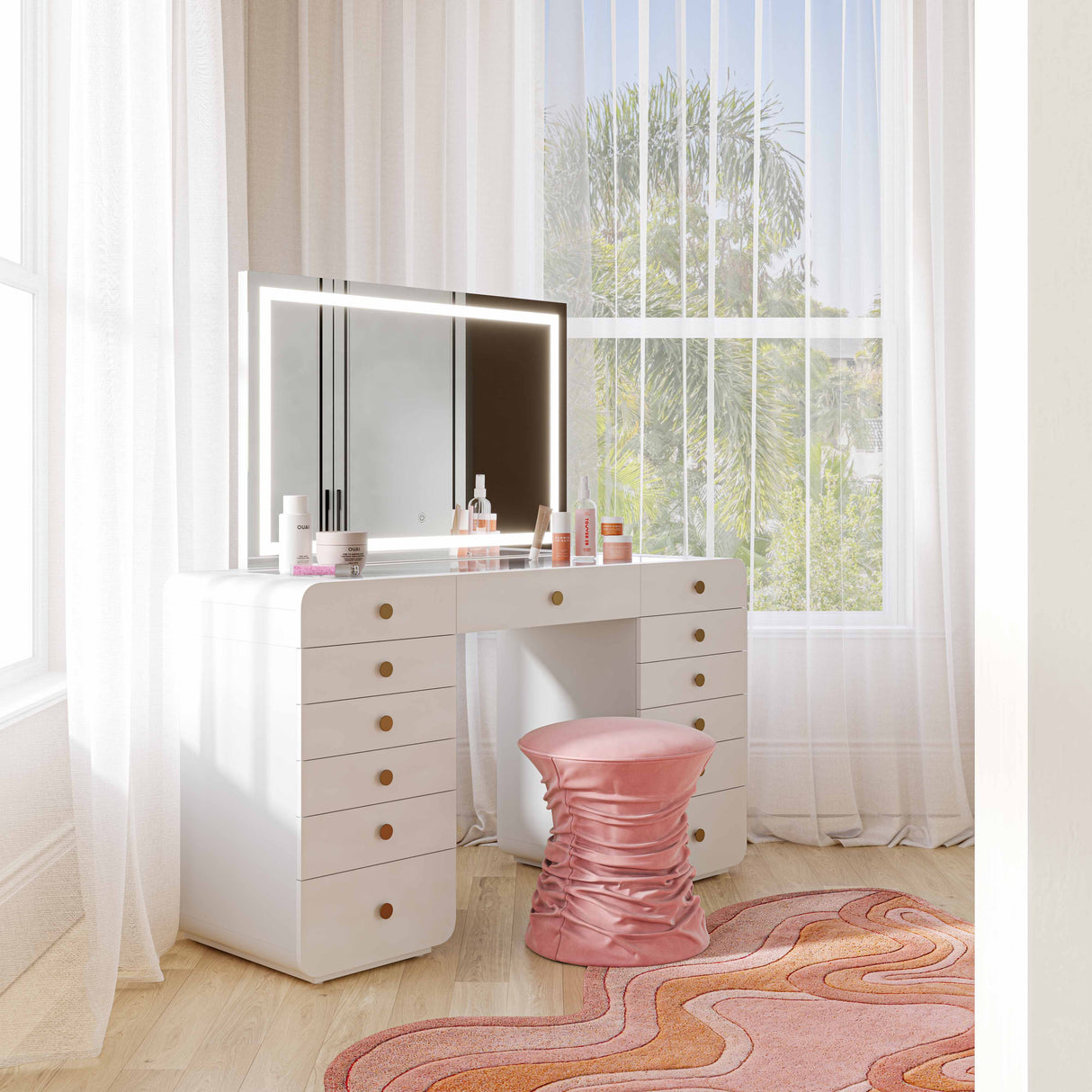 Hollywood 56" White Desk with LED Panel Vanity Mirror by TOV Furniture at Eve Furniture