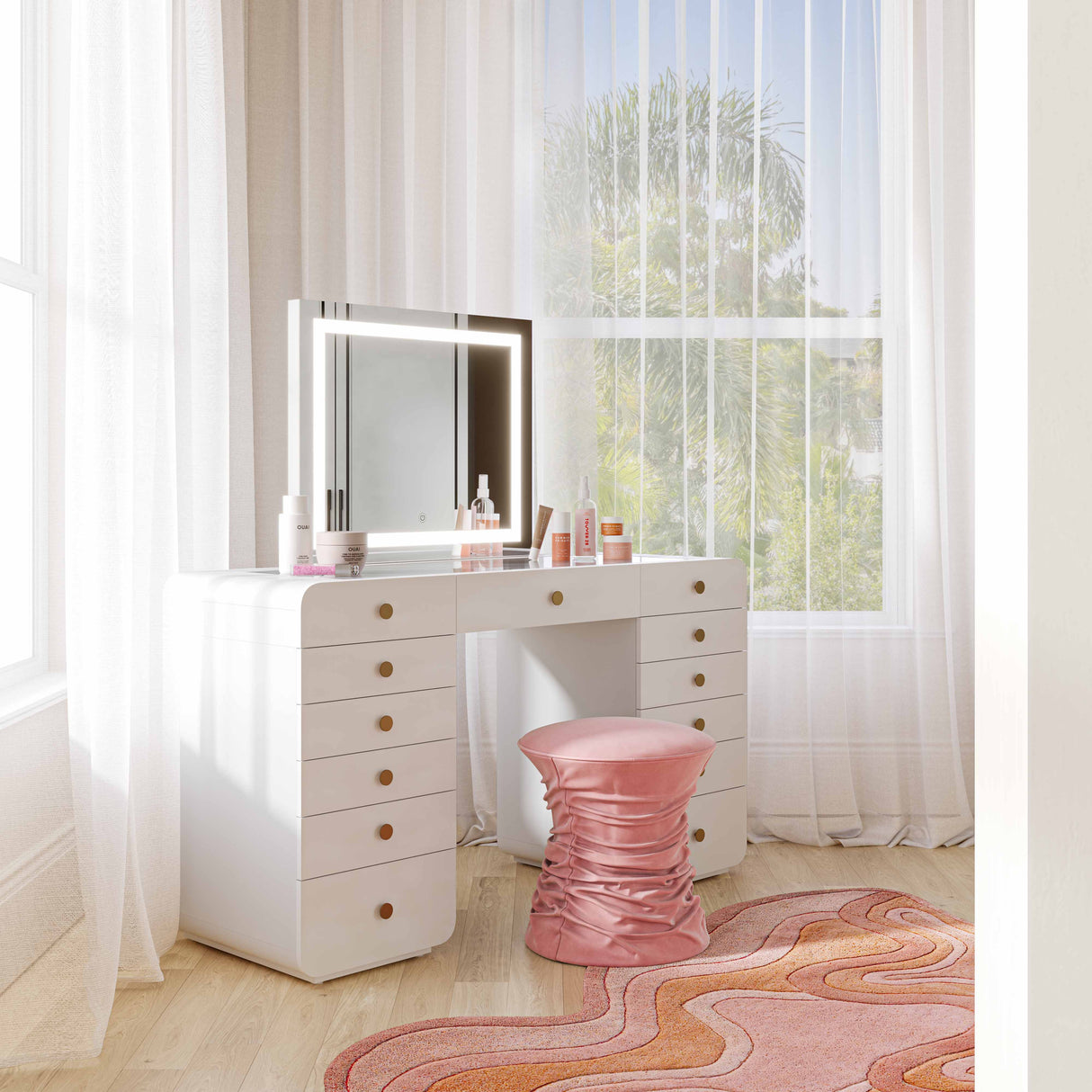 Hollywood 56" White Desk with LED Panel Vanity Mirror by TOV Furniture at Eve Furniture