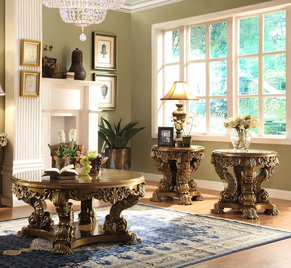Homey Design HD-8008 Metallic Antique Gold/Perfect Brown 3-Piece Coffee Table Set
