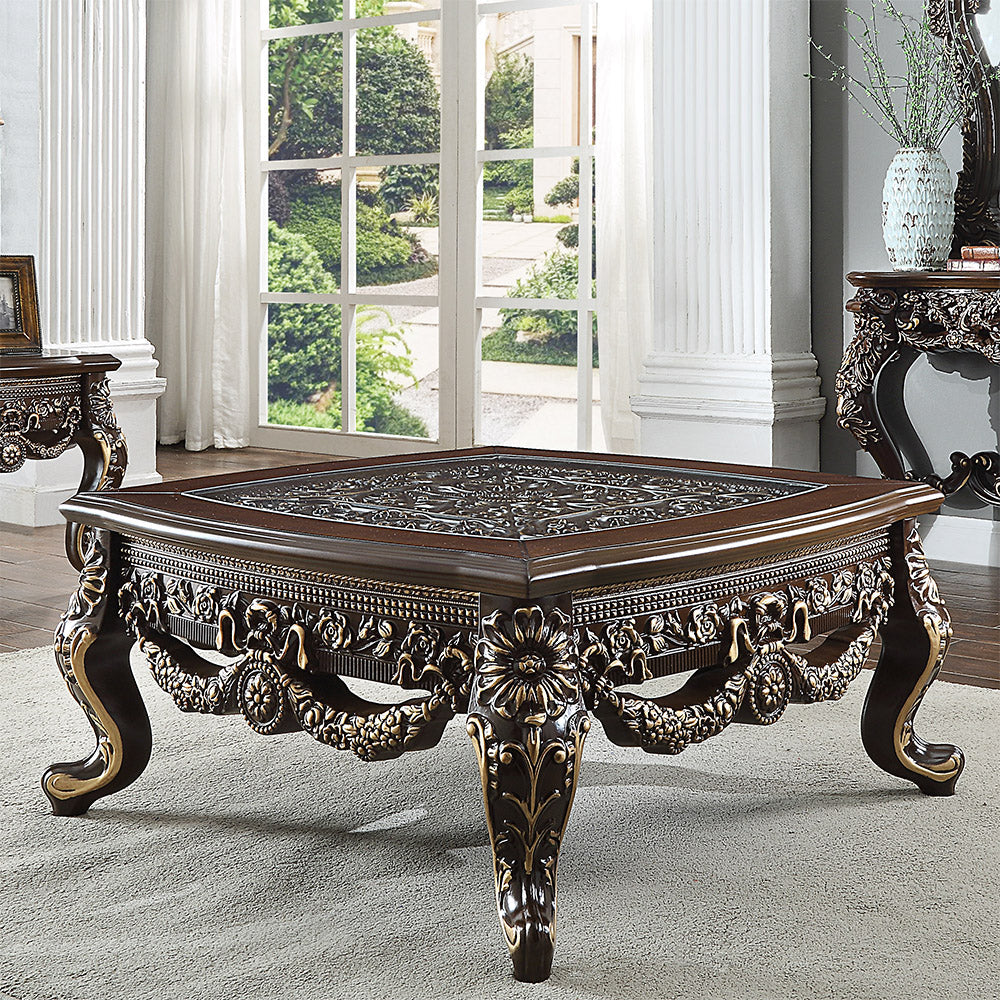 Homey Design HD-905 Cherry/Metallic Antique Gold Highlights 3-Piece Coffee Table Set