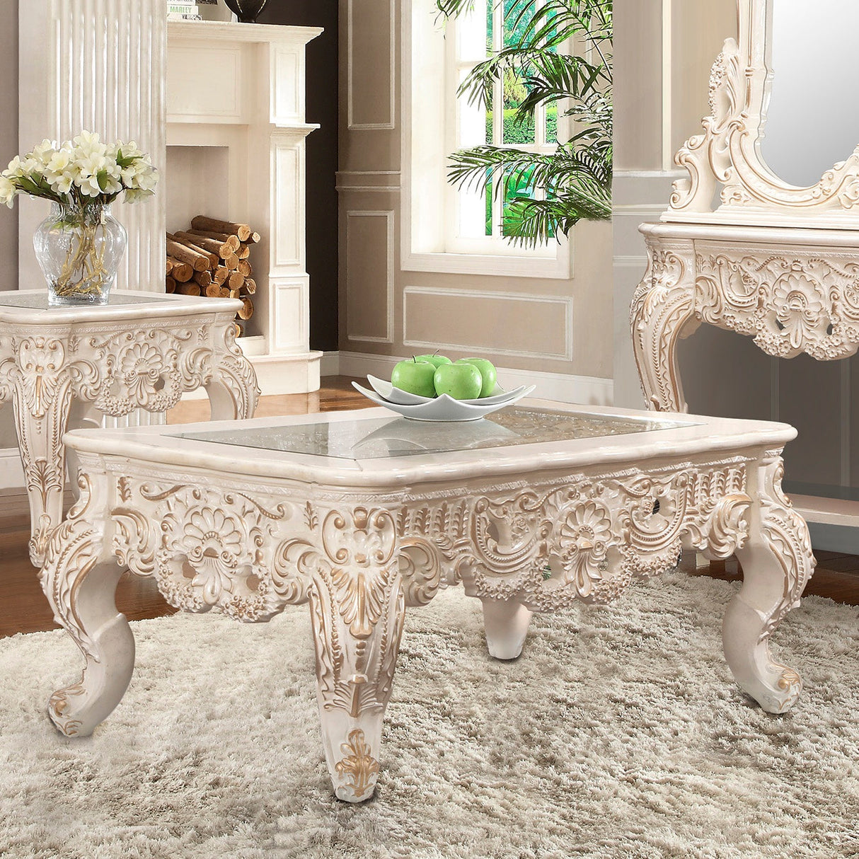 Homey Design HD-998I Ivory/Metallic Gold Highlights 3-Piece Coffee Table Set