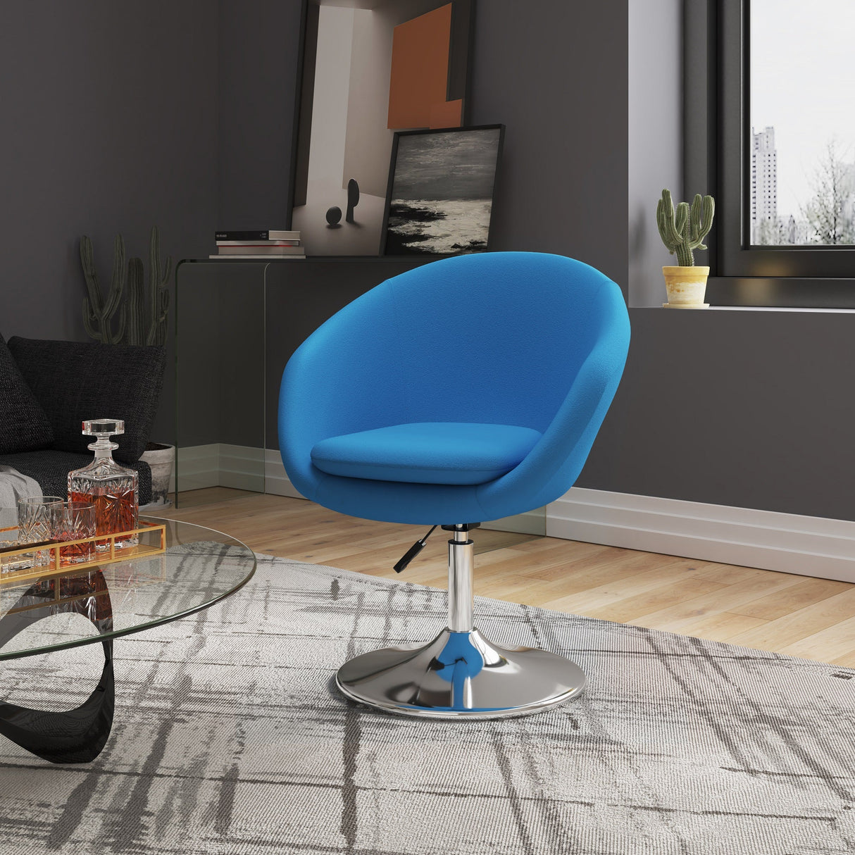 Hopper Swivel Adjustable Height Chair in Blue and Polished Chrome by Manhattan Comfort at Eve Furniture