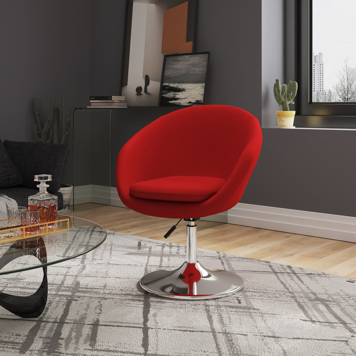 Hopper Swivel Adjustable Height Chair in Red and Polished Chrome by Manhattan Comfort at Eve Furniture