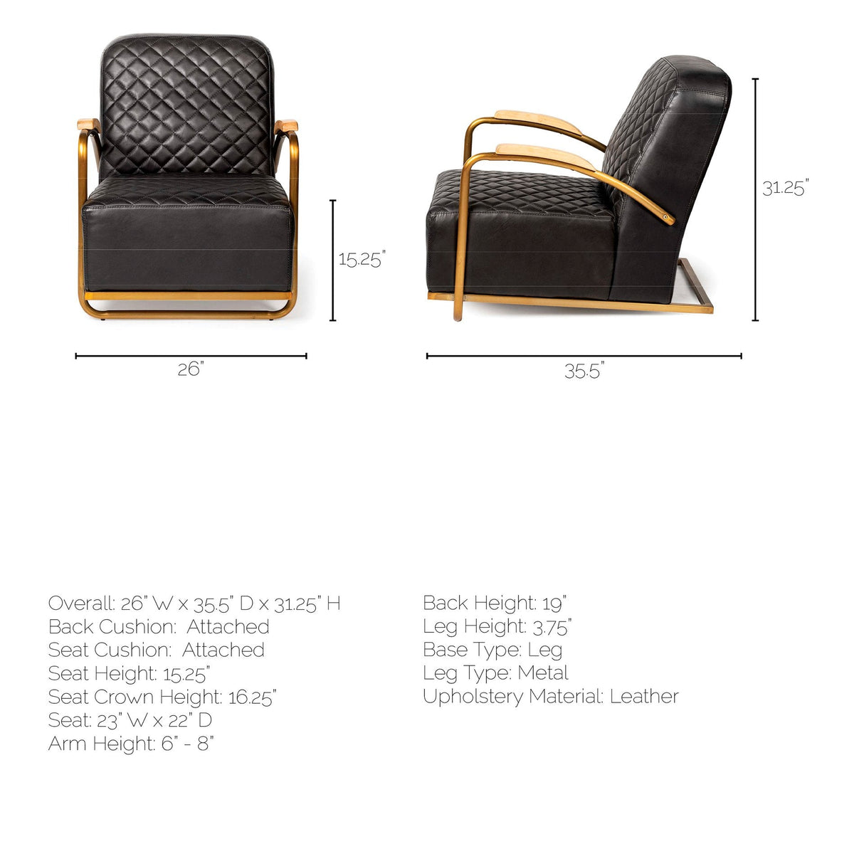 Horace I Black Leather Diamond Pattern w/Gold Iron Frame Accent Chair by Mercana at Eve Furniture